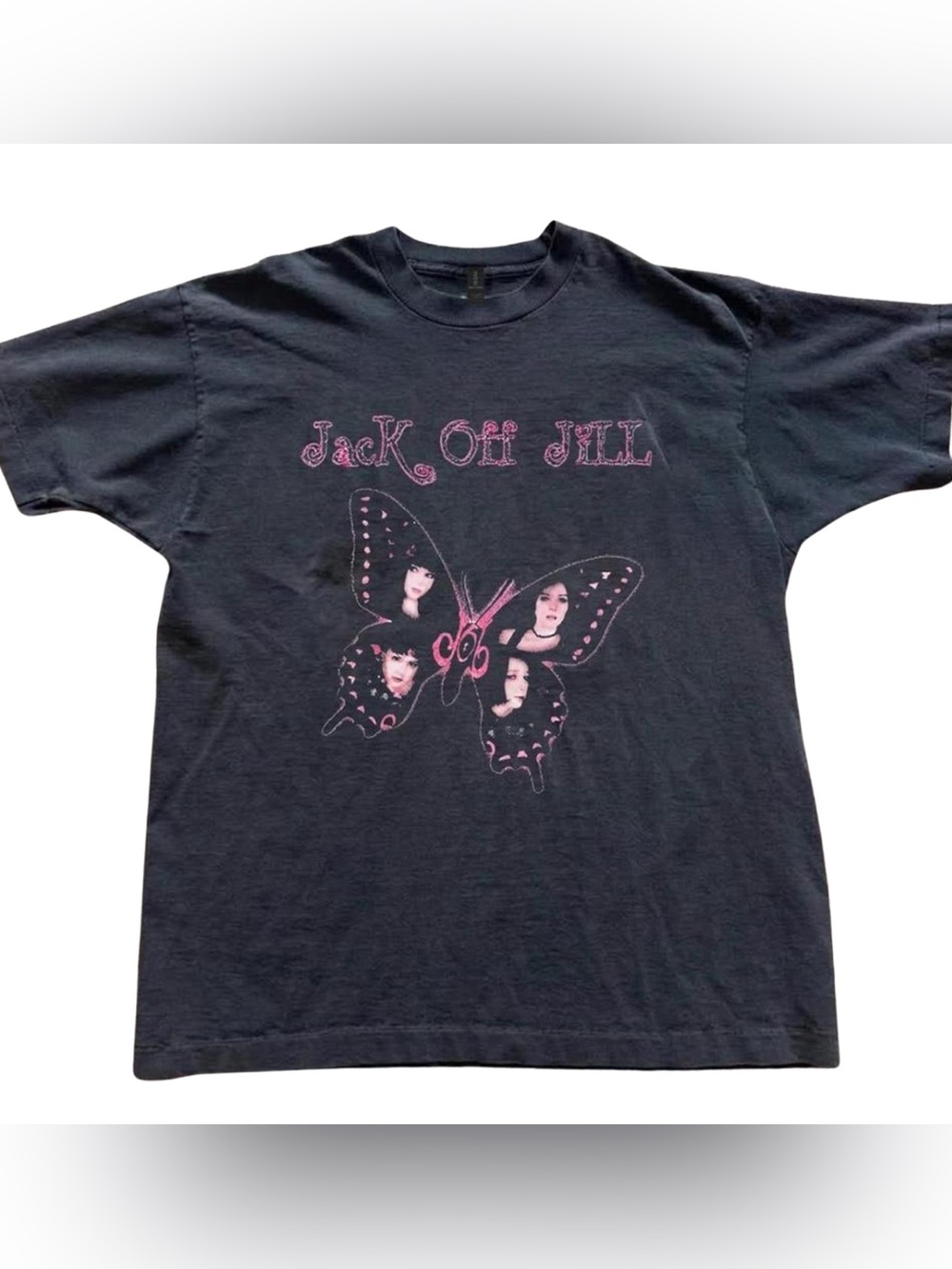 Retro Black Jack Off Jill Graphic Tee with Pink Butterfly Band